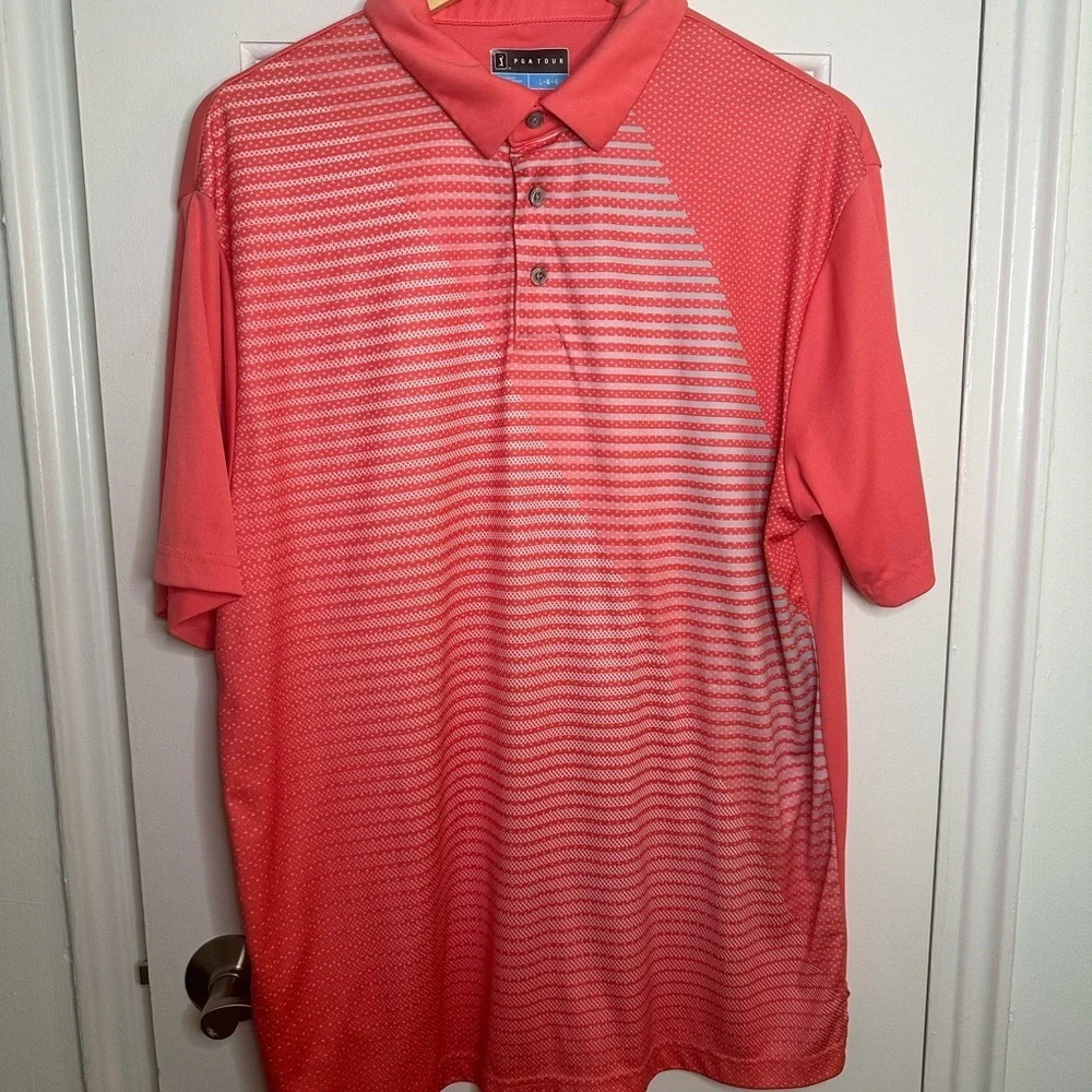 PGA TOUR Striped Orange Pink Mens Golf Polo Shirt Large Athletic‎ Activewear